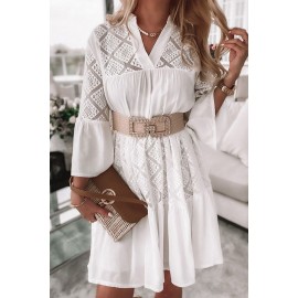 White Solid Color V Neck Lace Splicing Mini Dress